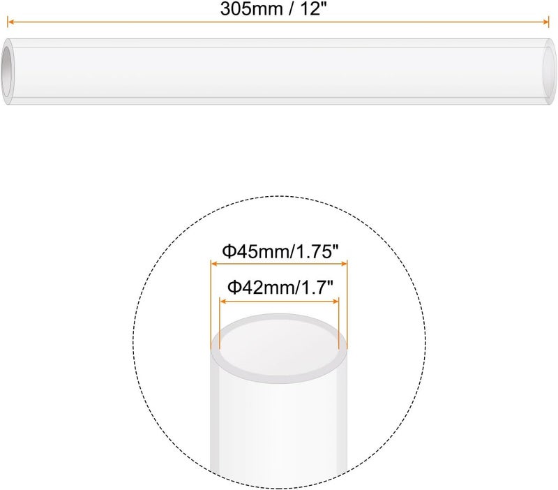 Rebower 12" Clear Plastic Rigid Pipe 42mm ID x 45mm OD (1.7" ID x 1 3/4" OD) Acrylic Round Polycarbonate Tubing, [for Plumbing, Hydraulics, Pneumatics] - Image 2
